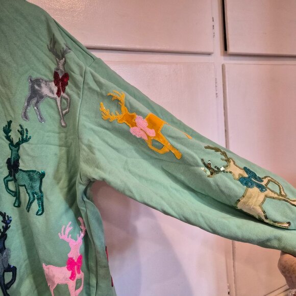 Queen of Sparkles Mint Green Sweatshirt With Velvet Reindeer & Bows - Picture 6 of 7